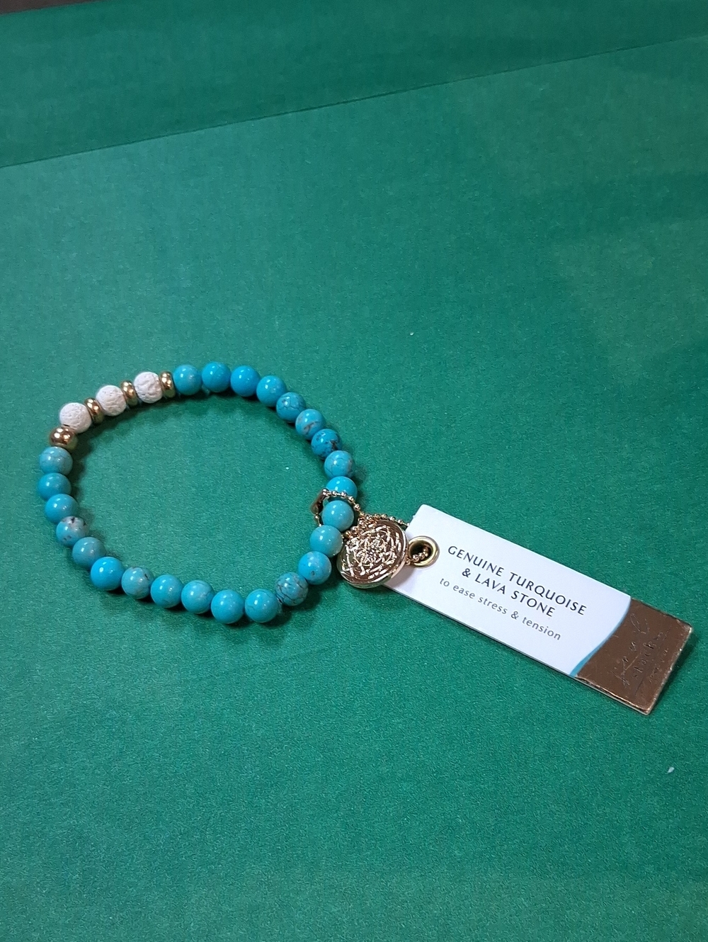 Turquoise and Lava Stone  Bracelet with Gold Charm